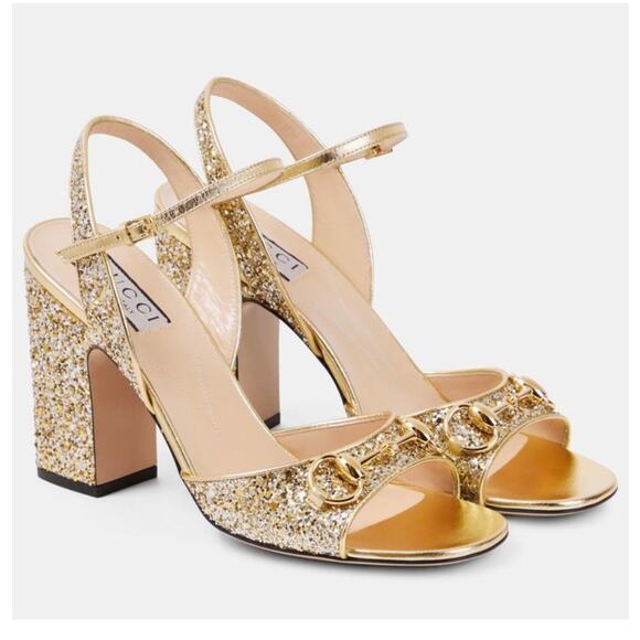 Gucci Lady Horsebit Metallic Gold Glitter Open Toe Ankle Strap Sandal 38.5 - Picture 1 of 11